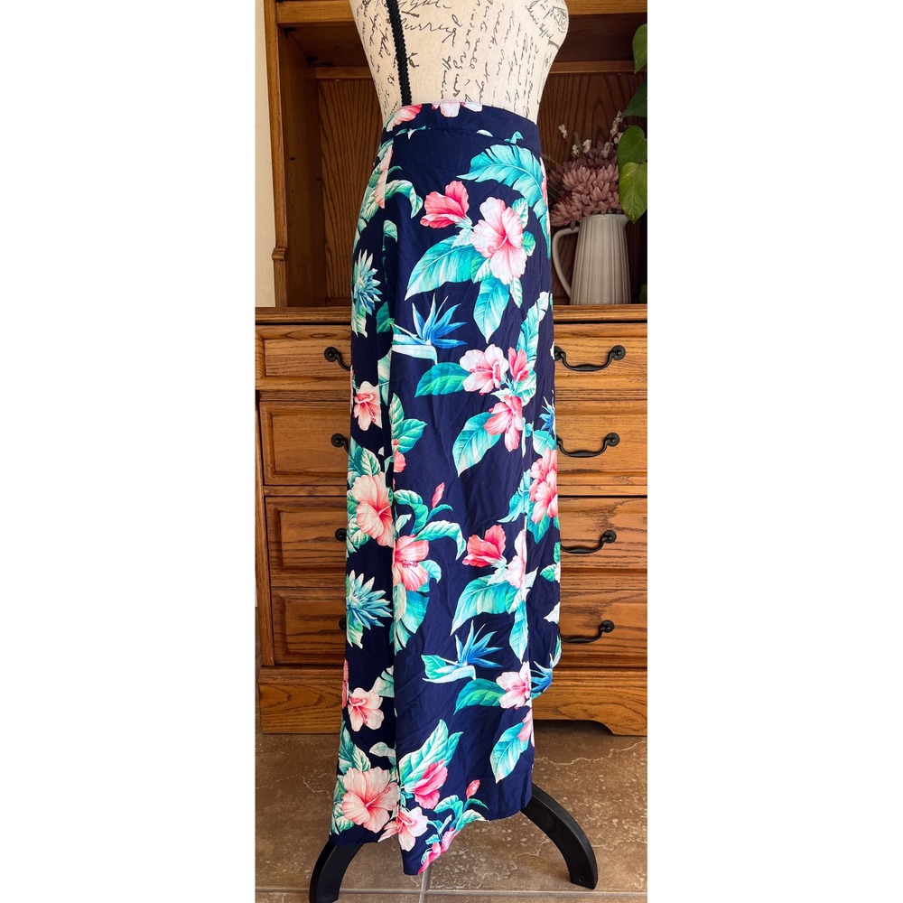 Tommy Bahama Floral Maxi Skirt Navy Blue Tropical Hibiscus Rayon Womens 14 - Picture 2 of 10